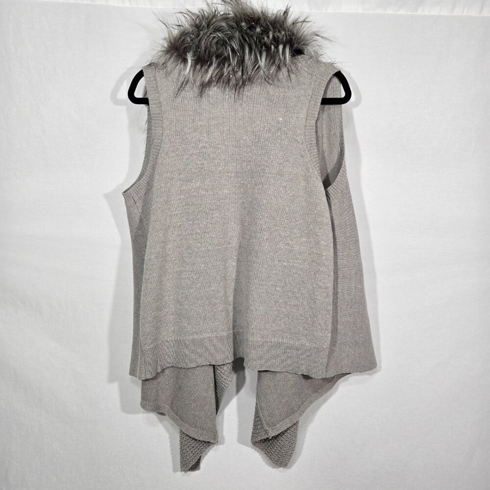 Vintage GRAY Metallic Faux Fur Collar Asymmetrical Hem Open Knit Cardigan Size M - Picture 3 of 17
